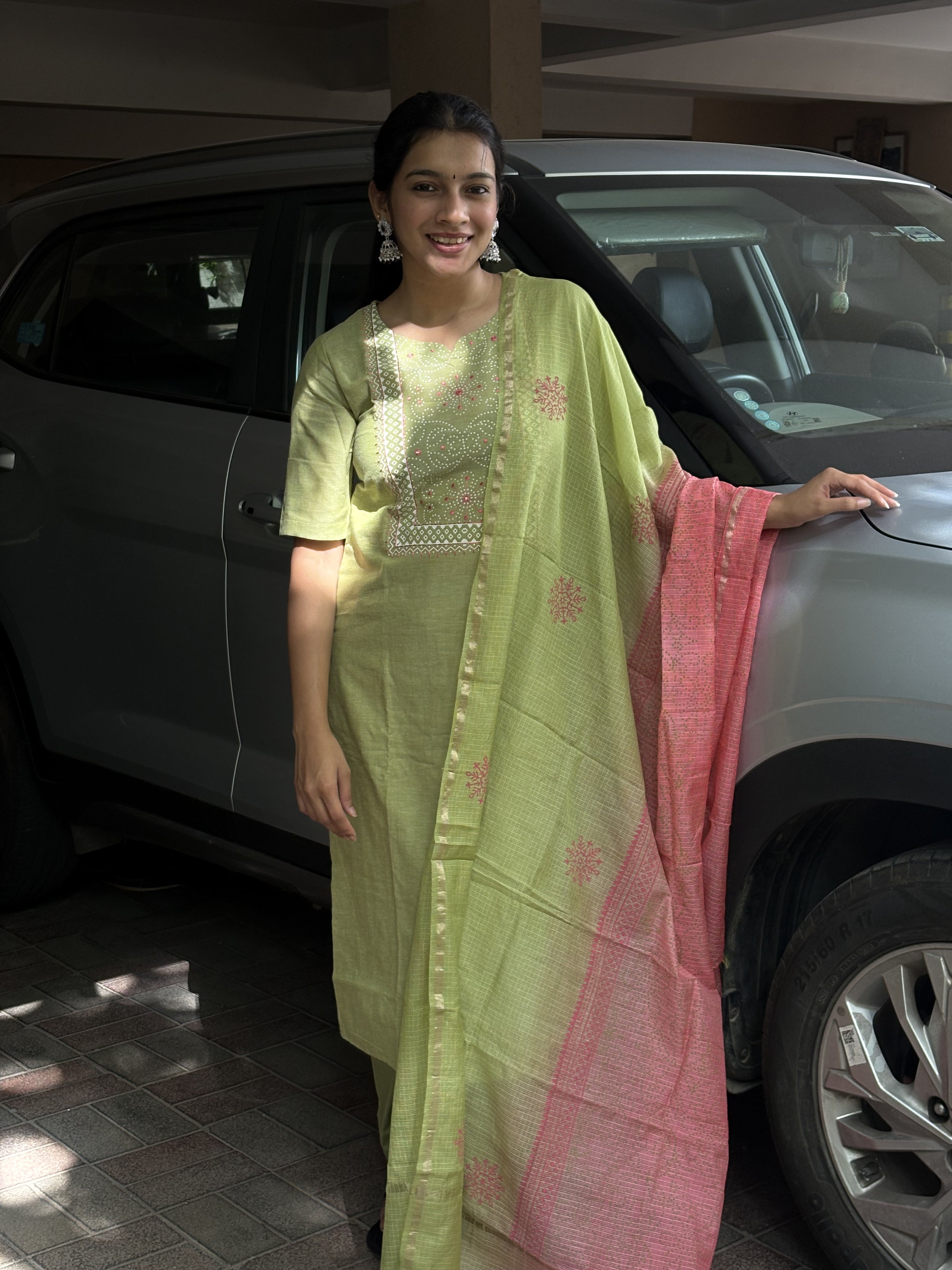 Pallavi (Apple Green) - Pure Handloom Linen Cotton Suit Set with Bandhej Work