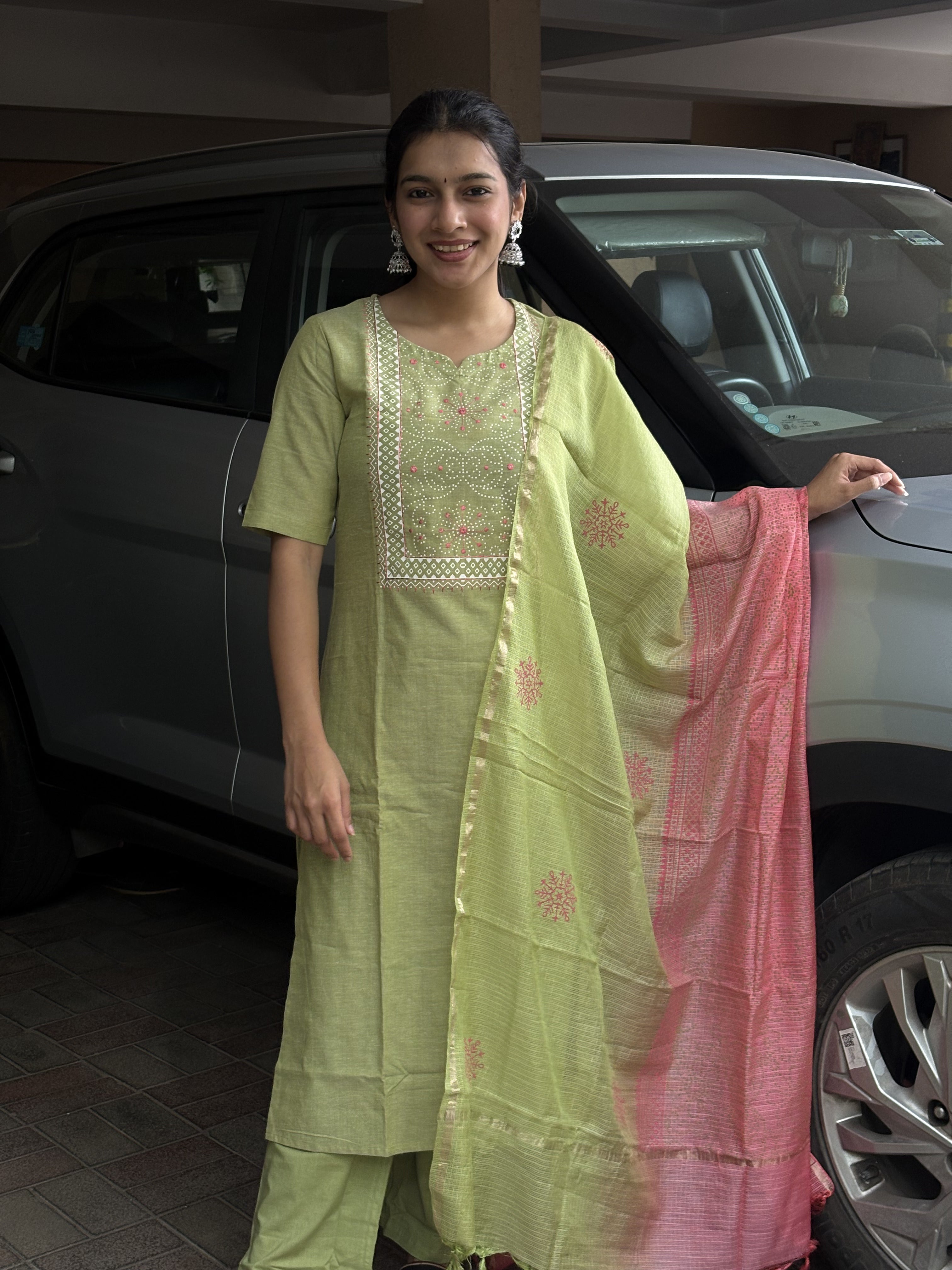 Pallavi (Apple Green) - Pure Handloom Linen Cotton Suit Set with Bandhej Work