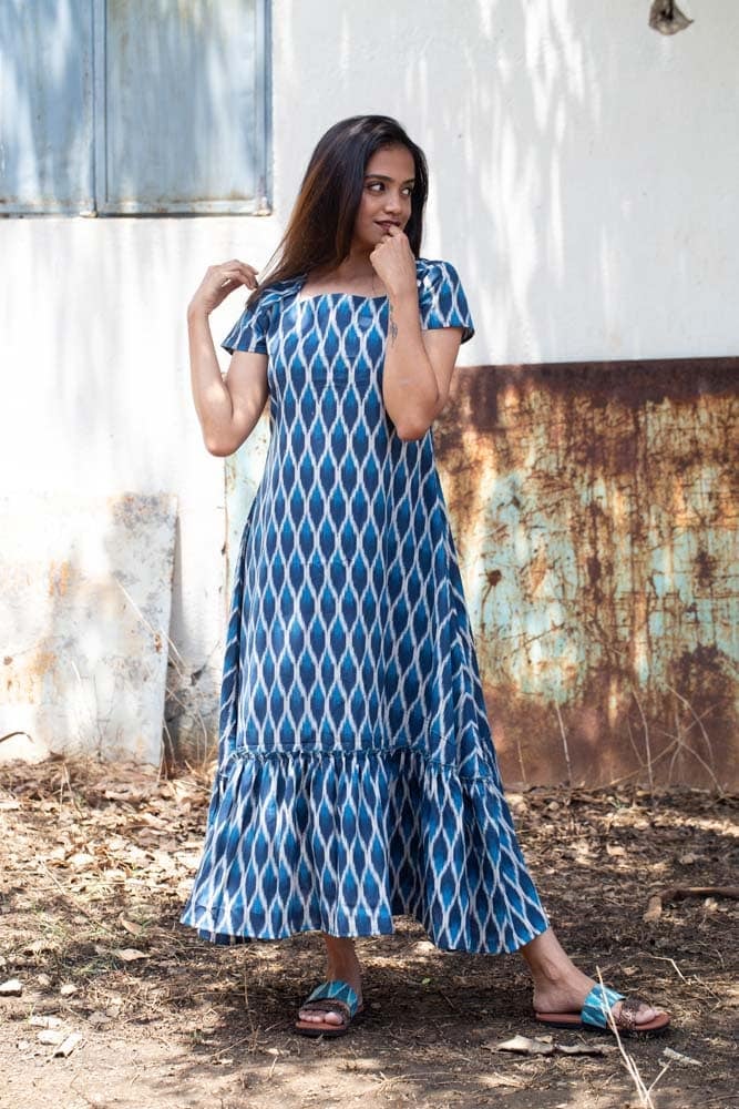 Bindya - Handloom Ikkat ruffled gown in blue