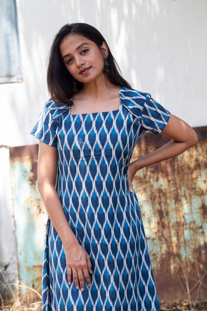 Bindya - Handloom Ikkat ruffled gown in blue