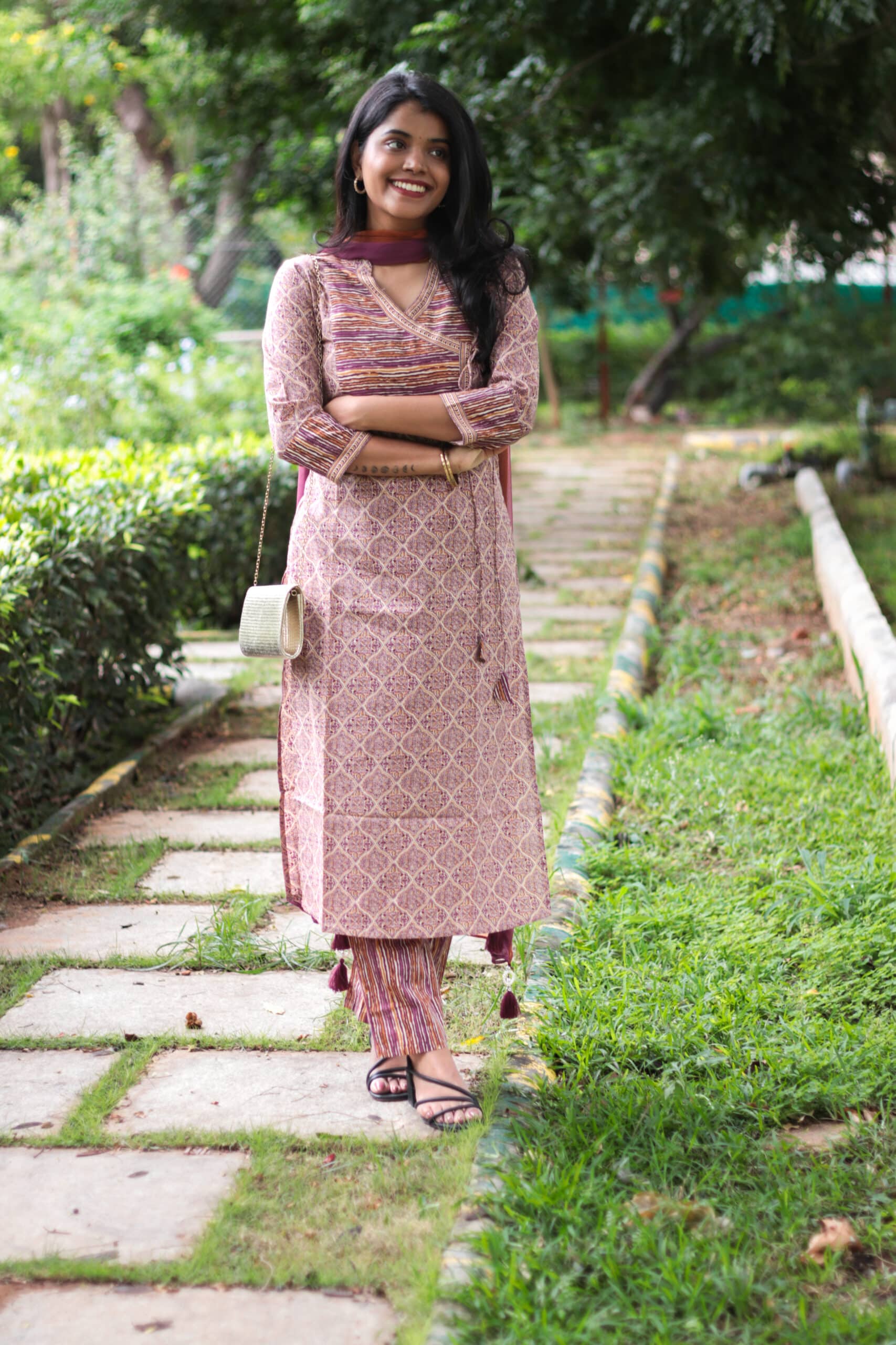 Aarya - Jaipuri cotton kurta set with buttas in purple and mustard yellow with matching chiffon dupatta with tassels