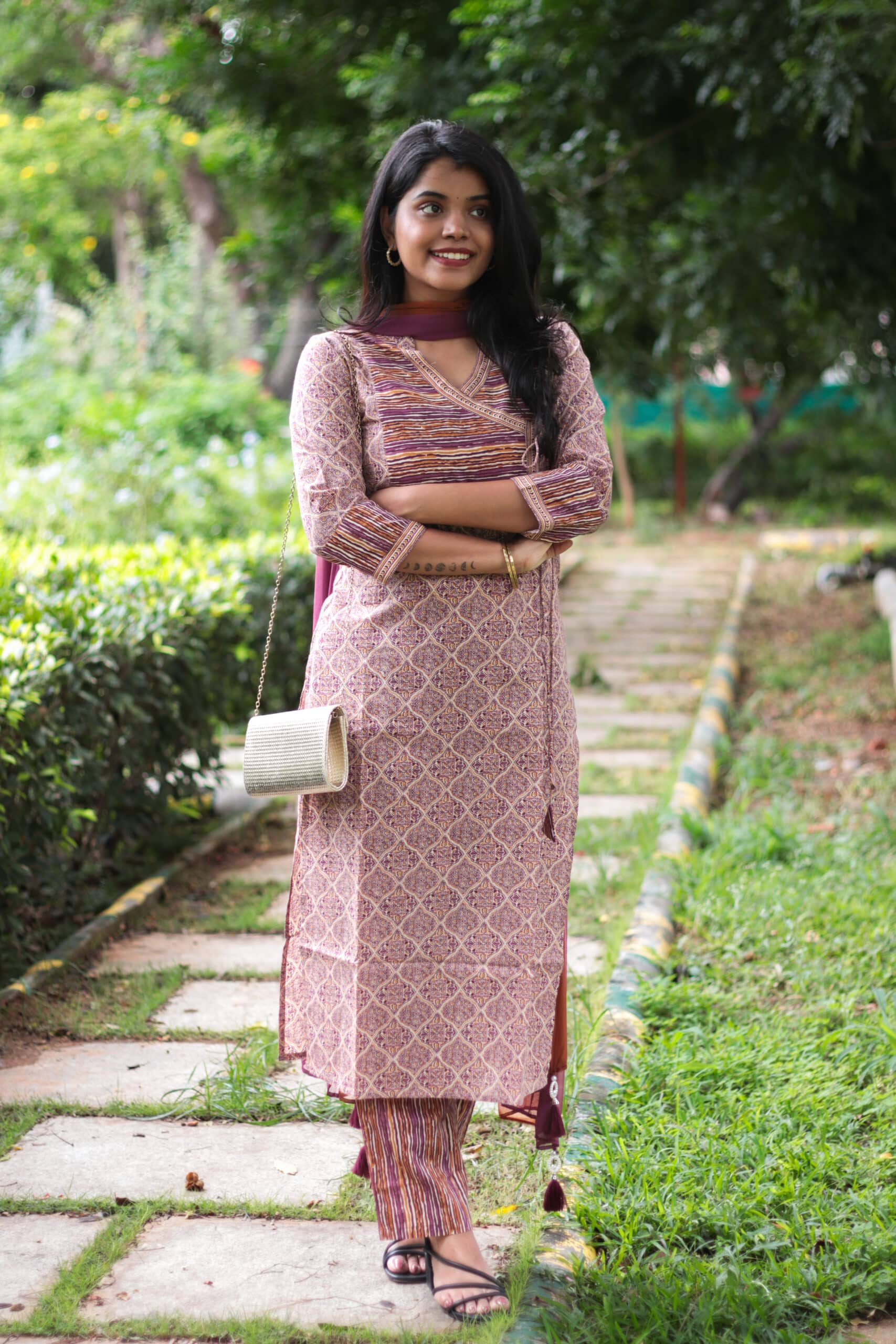 Aarya - Jaipuri cotton kurta set with buttas in purple and mustard yellow with matching chiffon dupatta with tassels