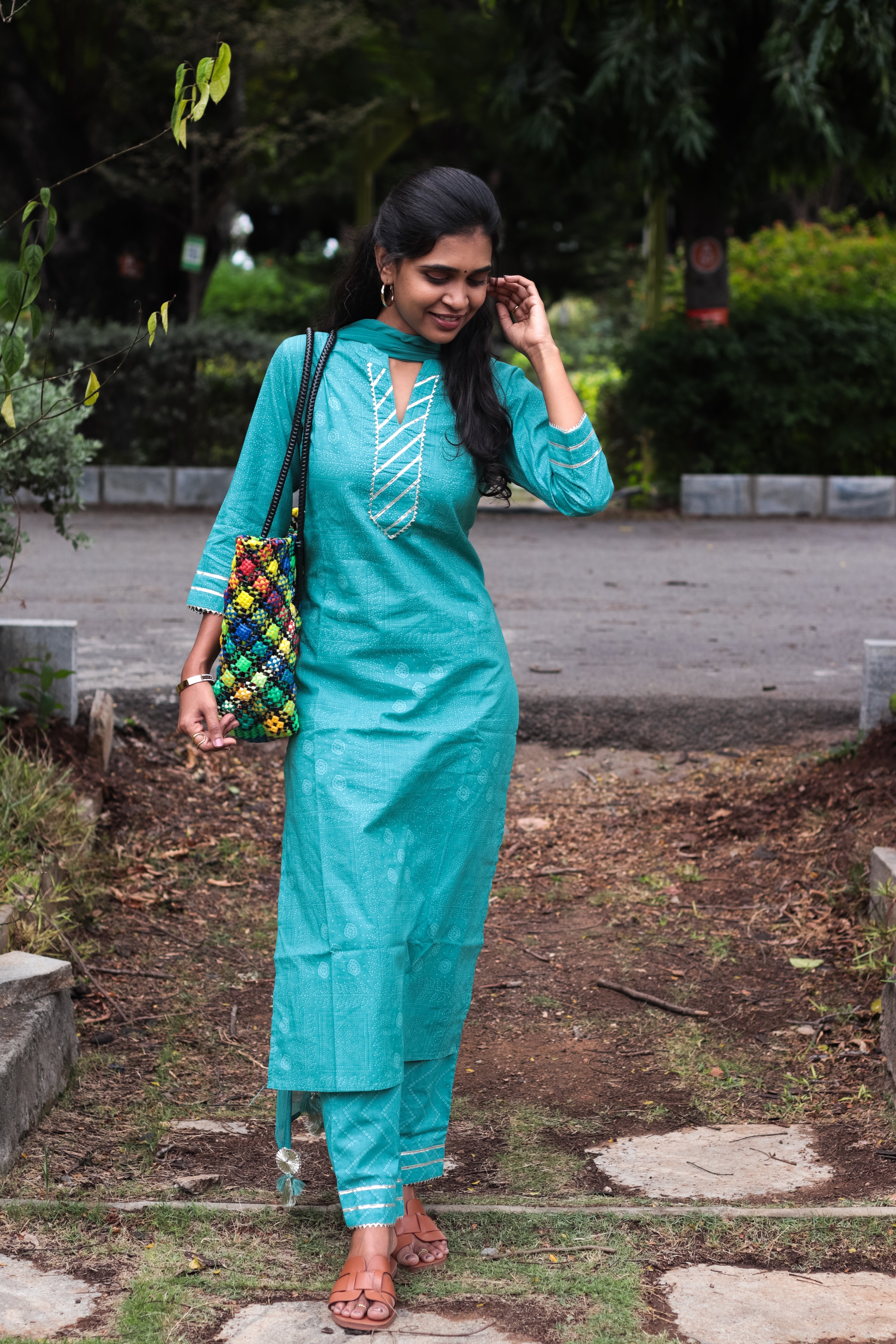 Aarna (pastel green)- handblock bandhani printed cotton kurta set in pastel green