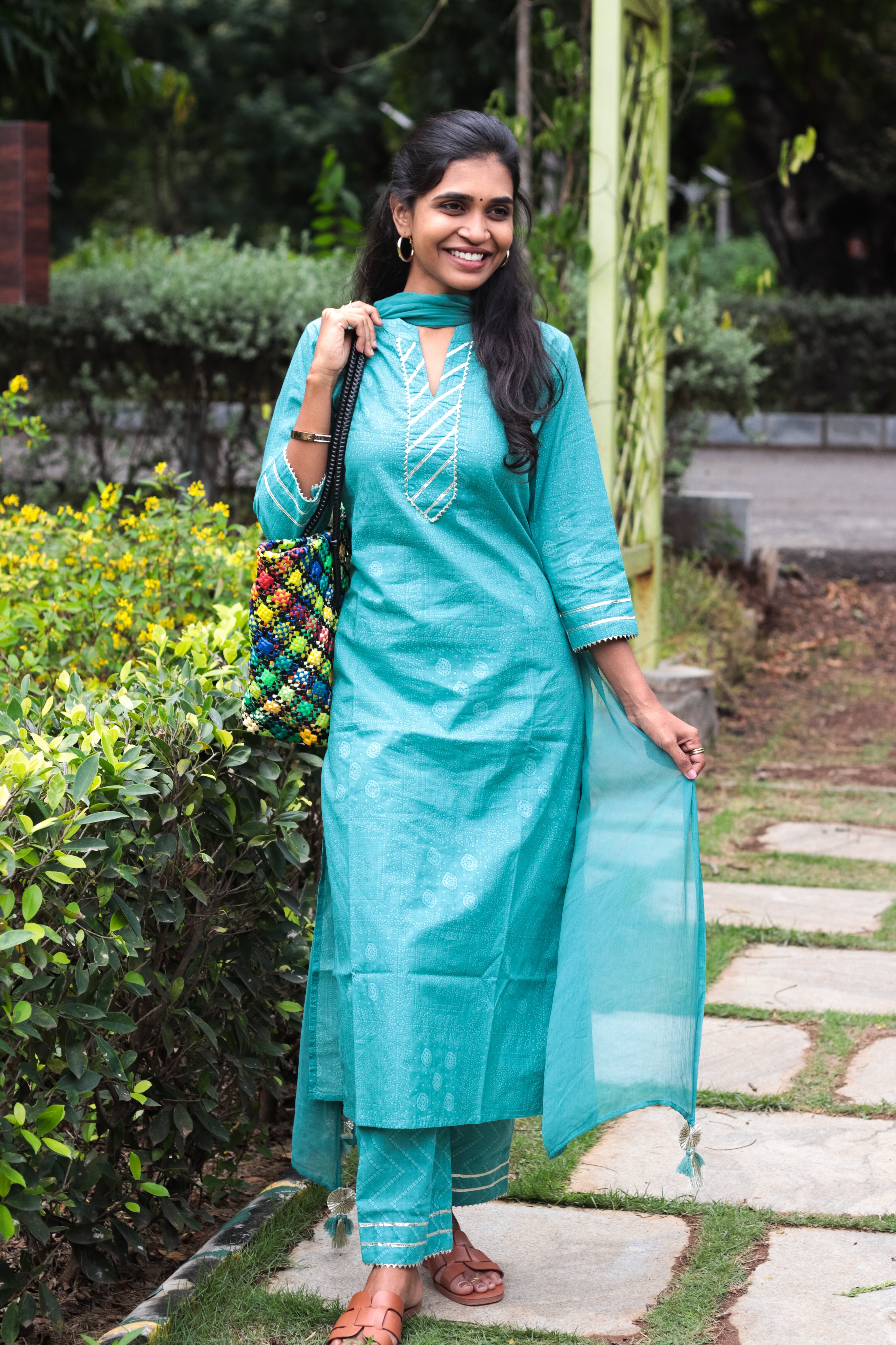 Aarna (pastel green)- handblock bandhani printed cotton kurta set in pastel green