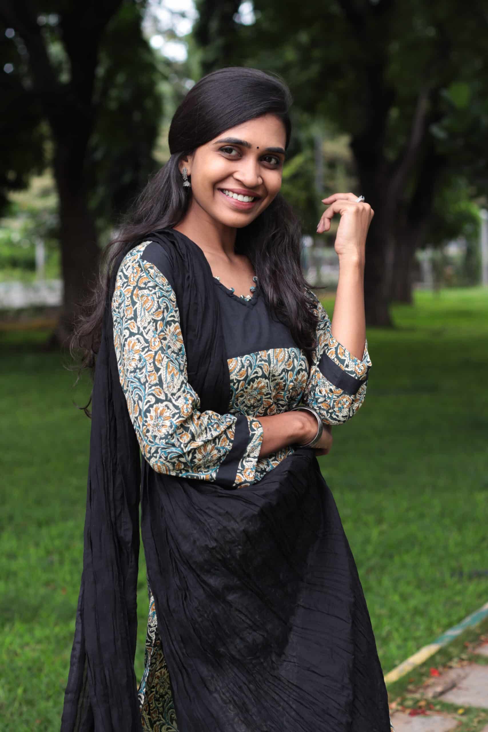 Kaavya - kalamkari printed organic cotton suit in black with crushed cotton black dupatta