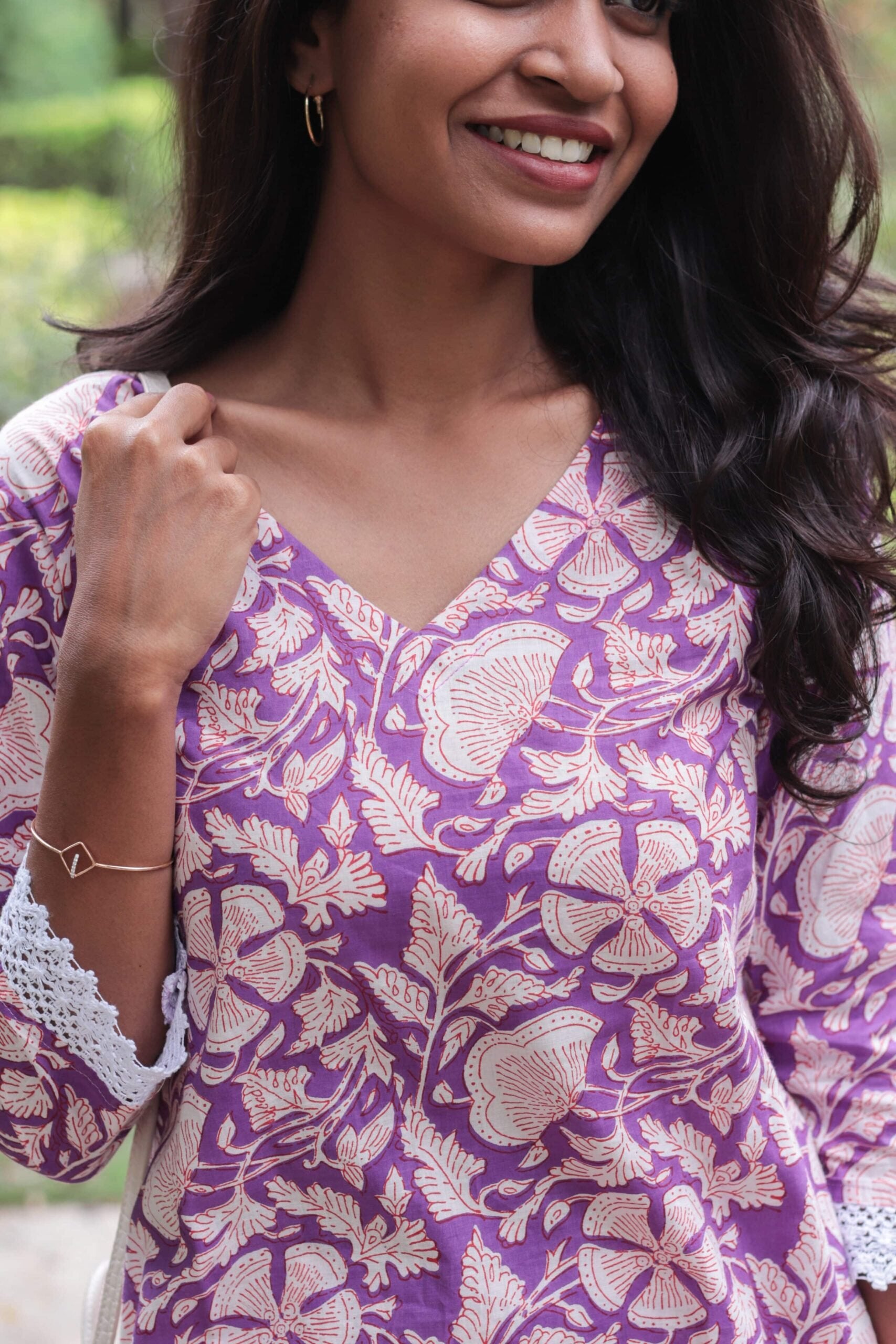 Niraa coord set - Floral hand block printed cotton coord set in deep purple