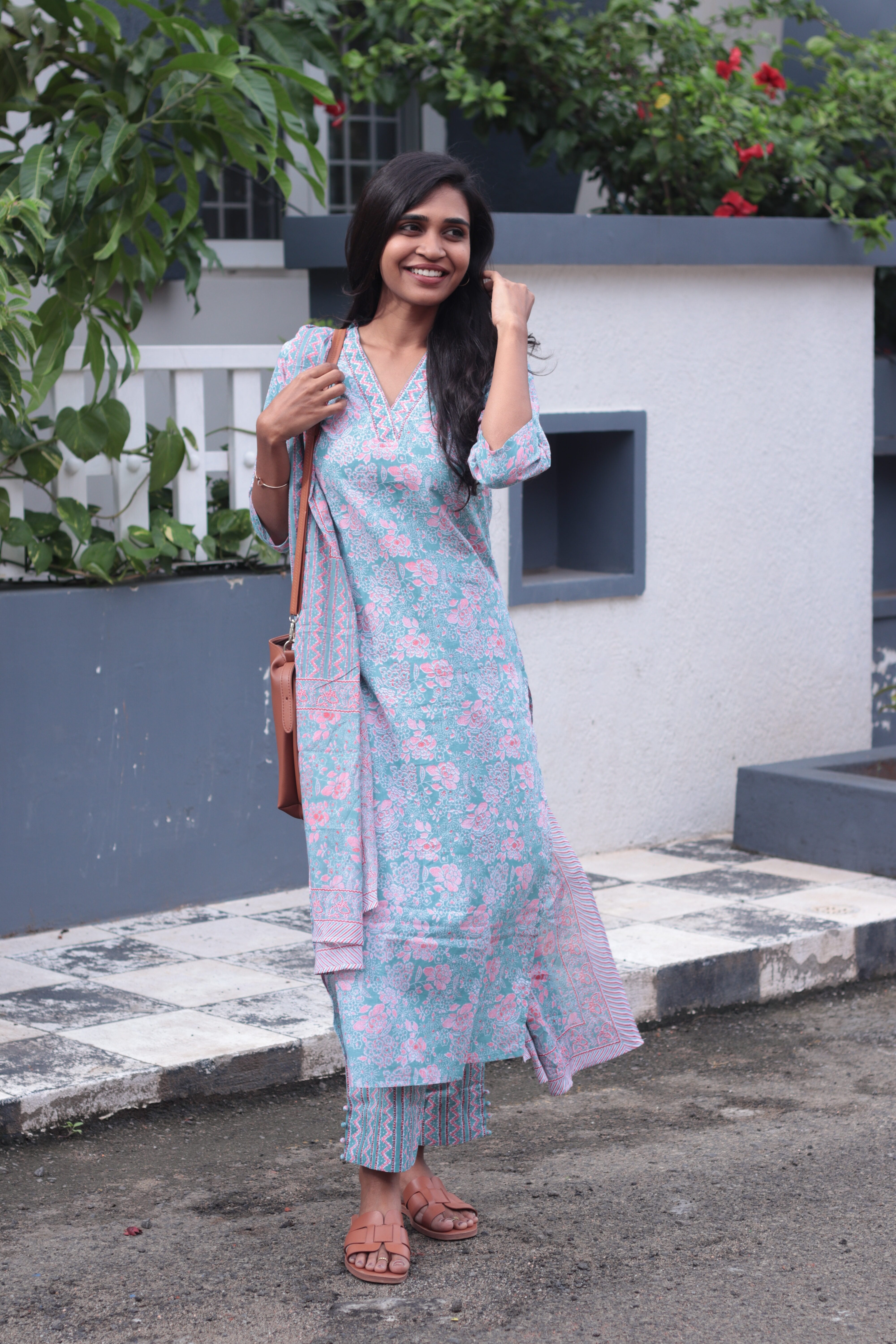 Sadvika - hand painted organic cotton suit in pastel green and pink with matching dupatta