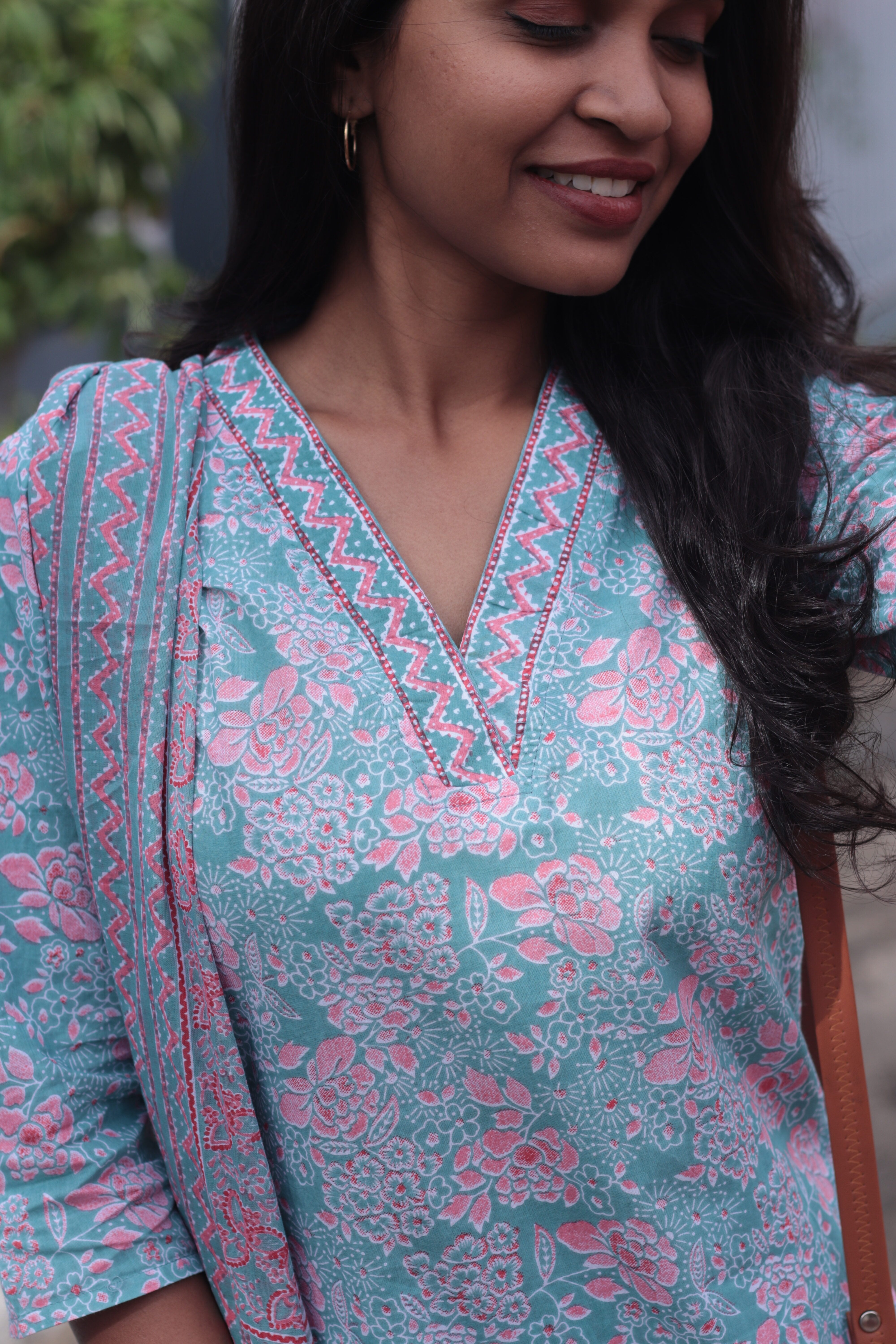 Sadvika - hand painted organic cotton suit in pastel green and pink with matching dupatta