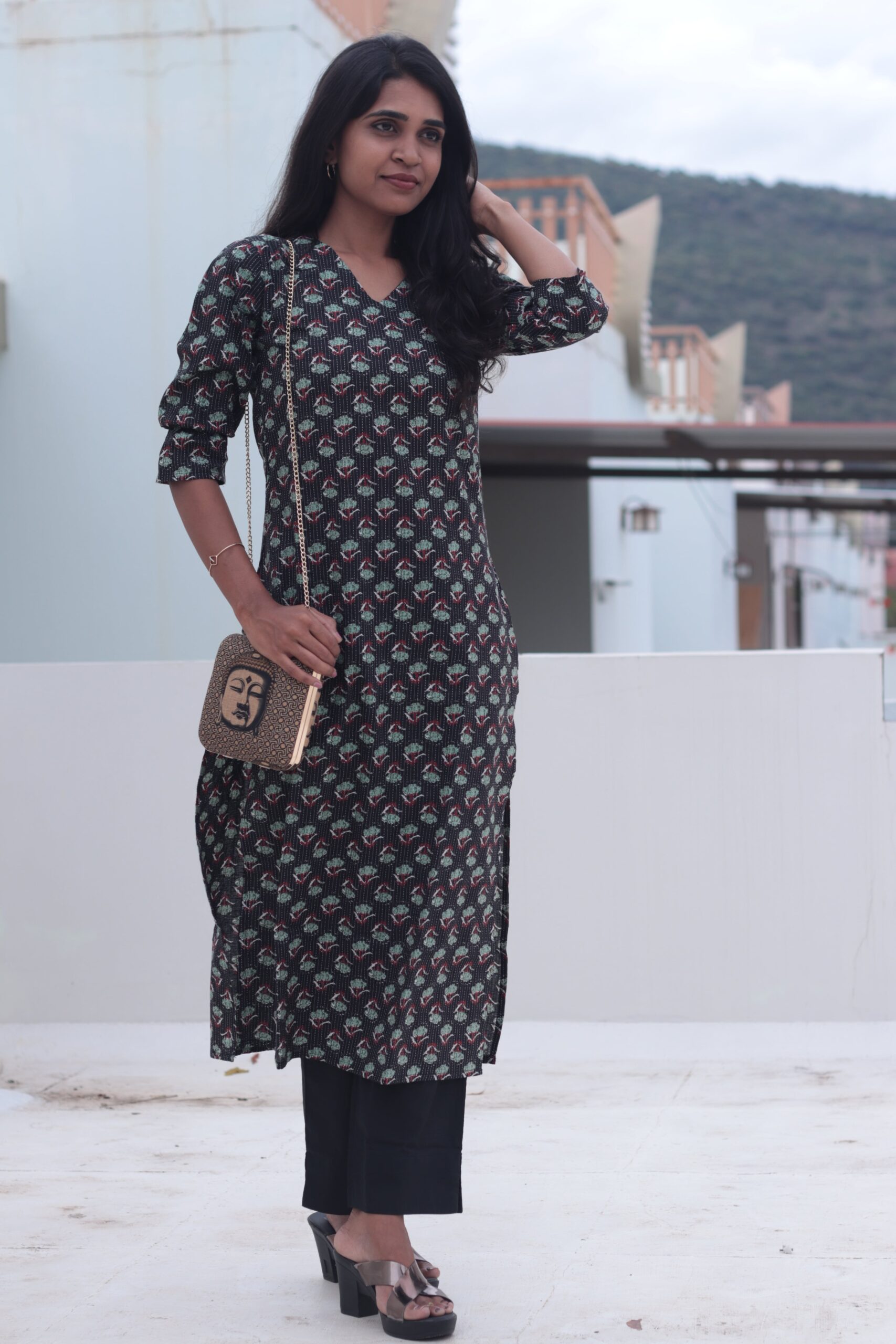 Urvika black - Floral handblock printed katha embroidered cotton kurta set in black