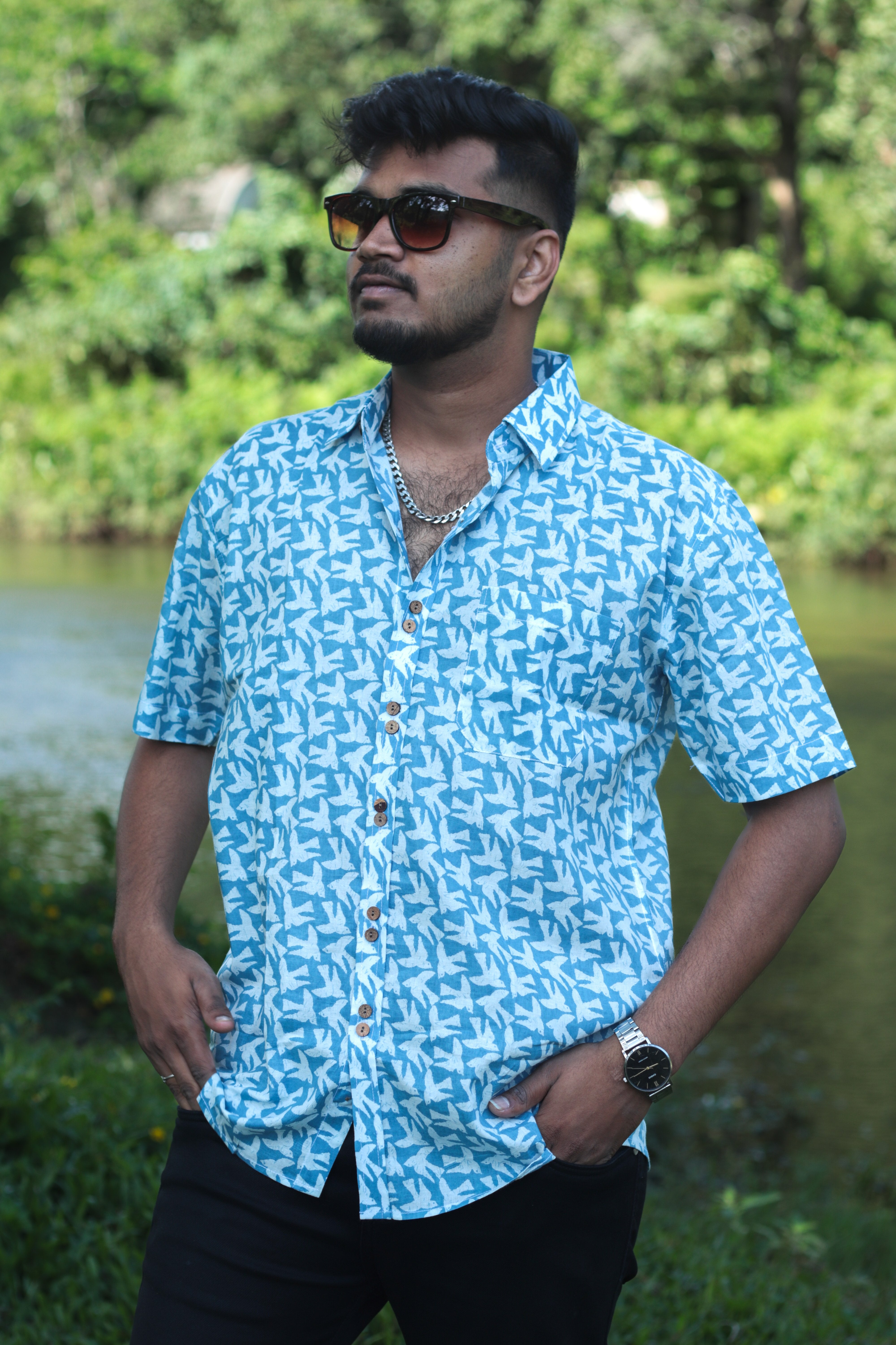 Shirt - 20 -  handblock Swift bird printed organic cotton shirt in sky blue