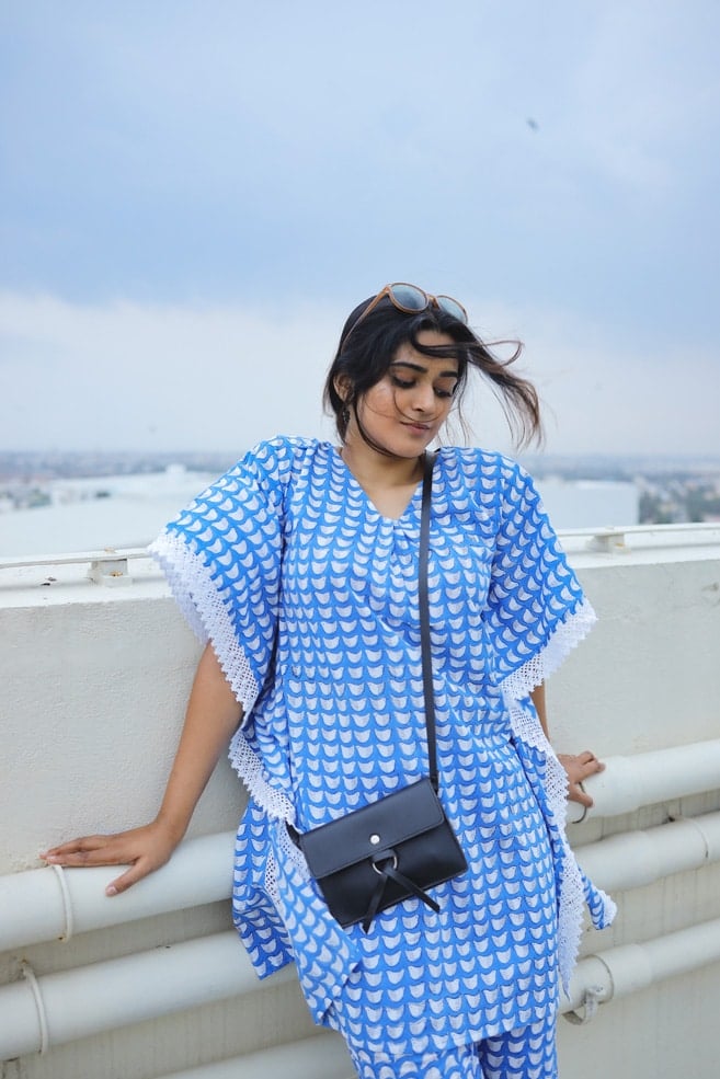 Ming ming kaftan set - hand block copper sulphate blue duck printed organic cotton kaftan set in blue and white