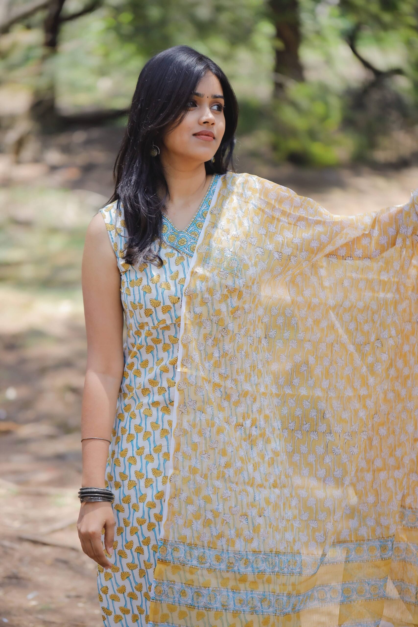 Saanvi - hand block printed floral motifs cotton suit set in yellow and blue with kota doria dupatta
