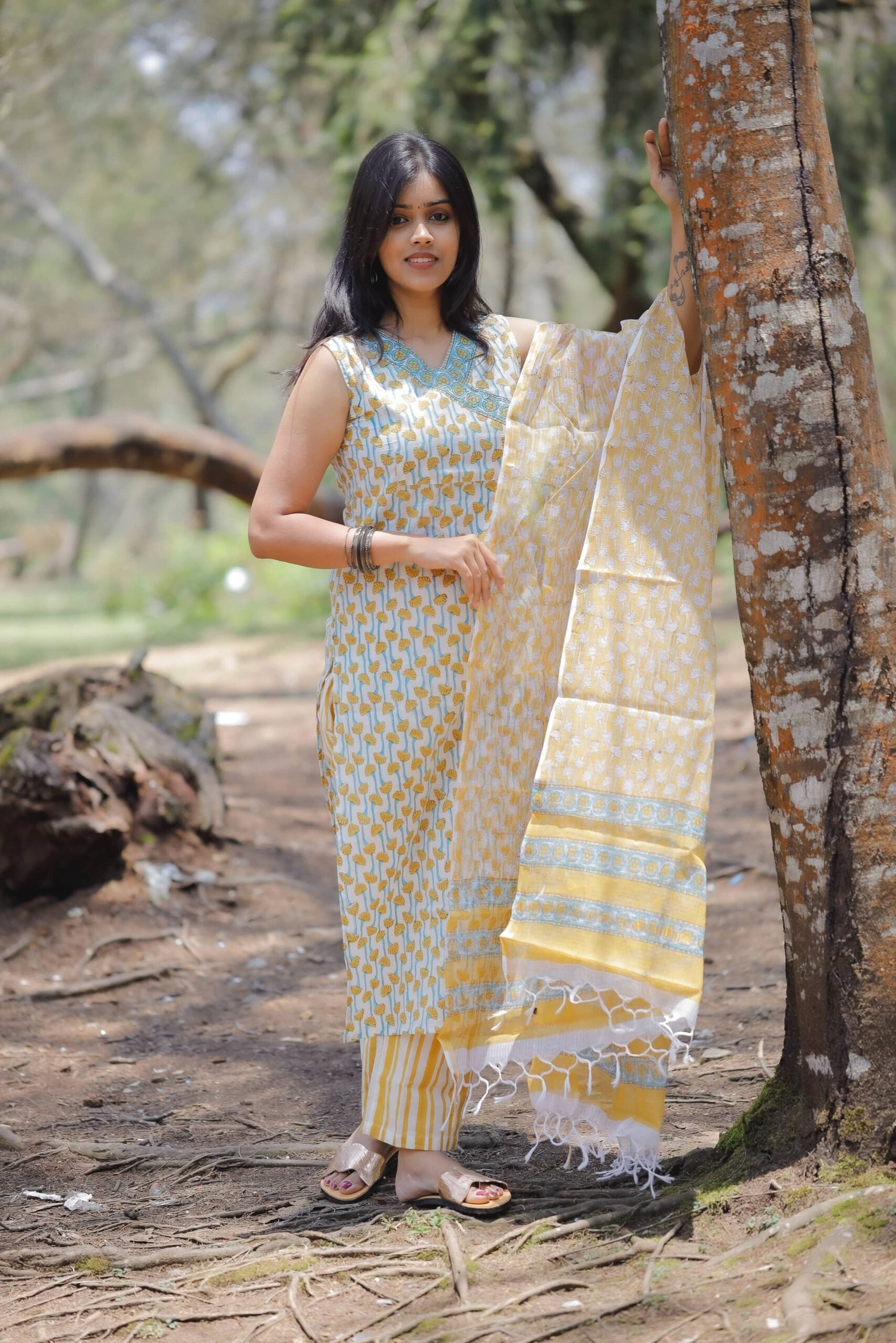 Saanvi - hand block printed floral motifs cotton suit set in yellow and blue with kota doria dupatta