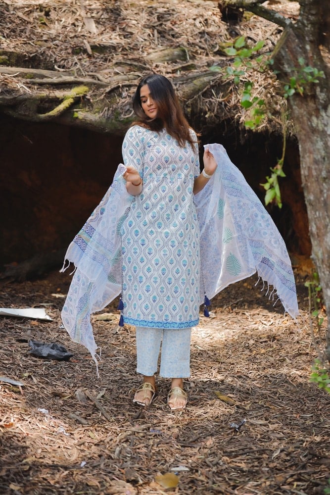 Mahathi - hand block printed floral motifs cotton suit set in white and blue with kota doria dupatta