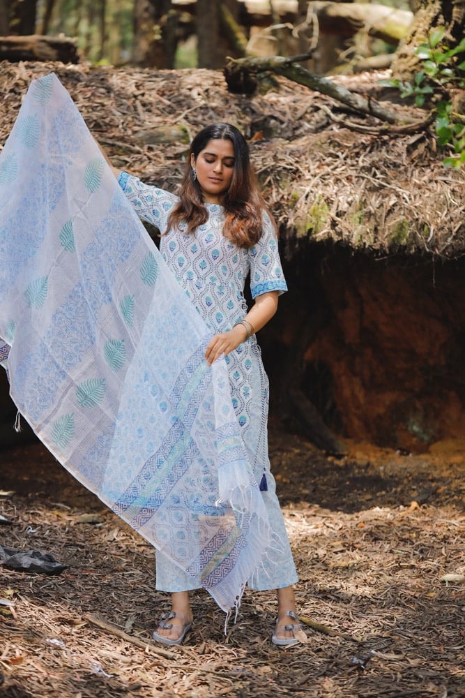 Mahathi - hand block printed floral motifs cotton suit set in white and blue with kota doria dupatta