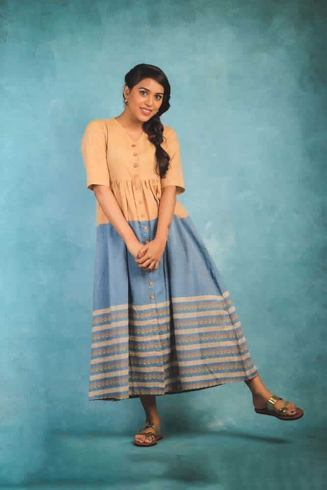 kate sharma - Handloom cotton with hand embroidered gown in mustard and blue
