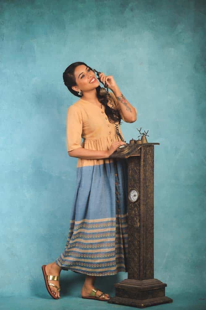 kate sharma - Handloom cotton with hand embroidered gown in mustard and blue