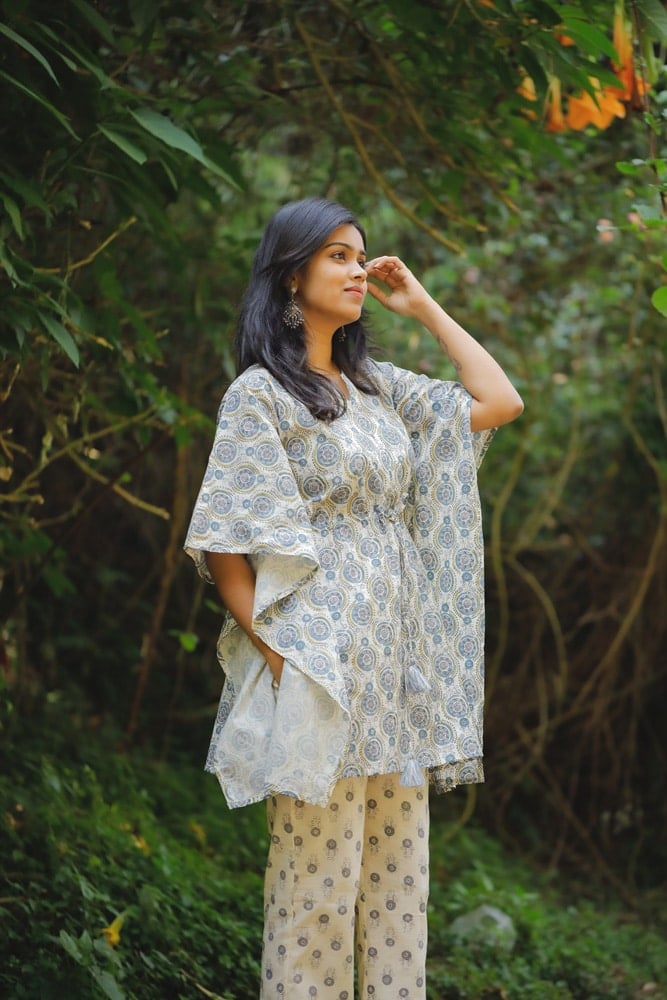 Mirza kaftan set - hand block mandal silhouette printed kaftan kurta in off white and blue