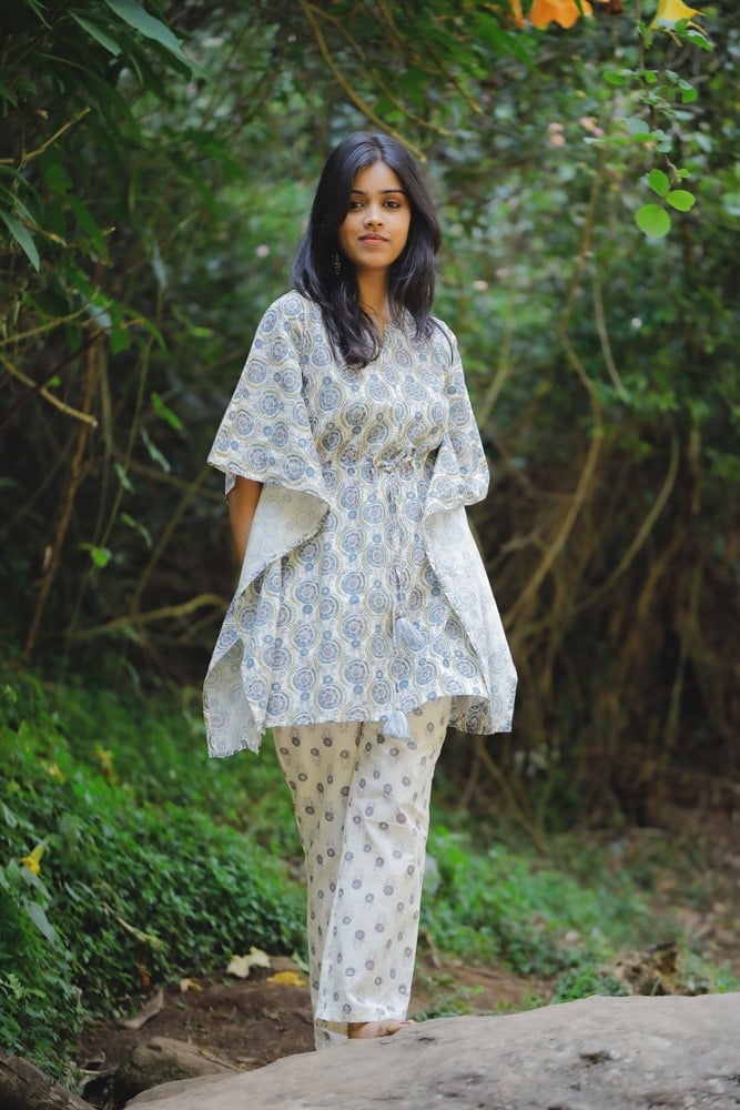 Mirza kaftan set - hand block mandal silhouette printed kaftan kurta in off white and blue