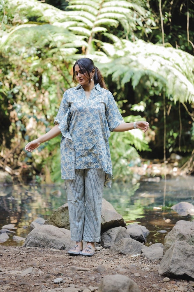 Shyla kaftan set -  hand block floral silhouette printed kaftan set in off white and blue