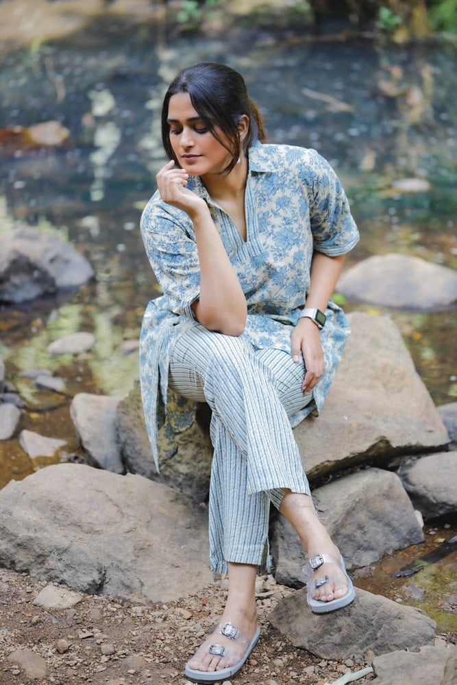 Shyla kaftan set -  hand block floral silhouette printed kaftan set in off white and blue
