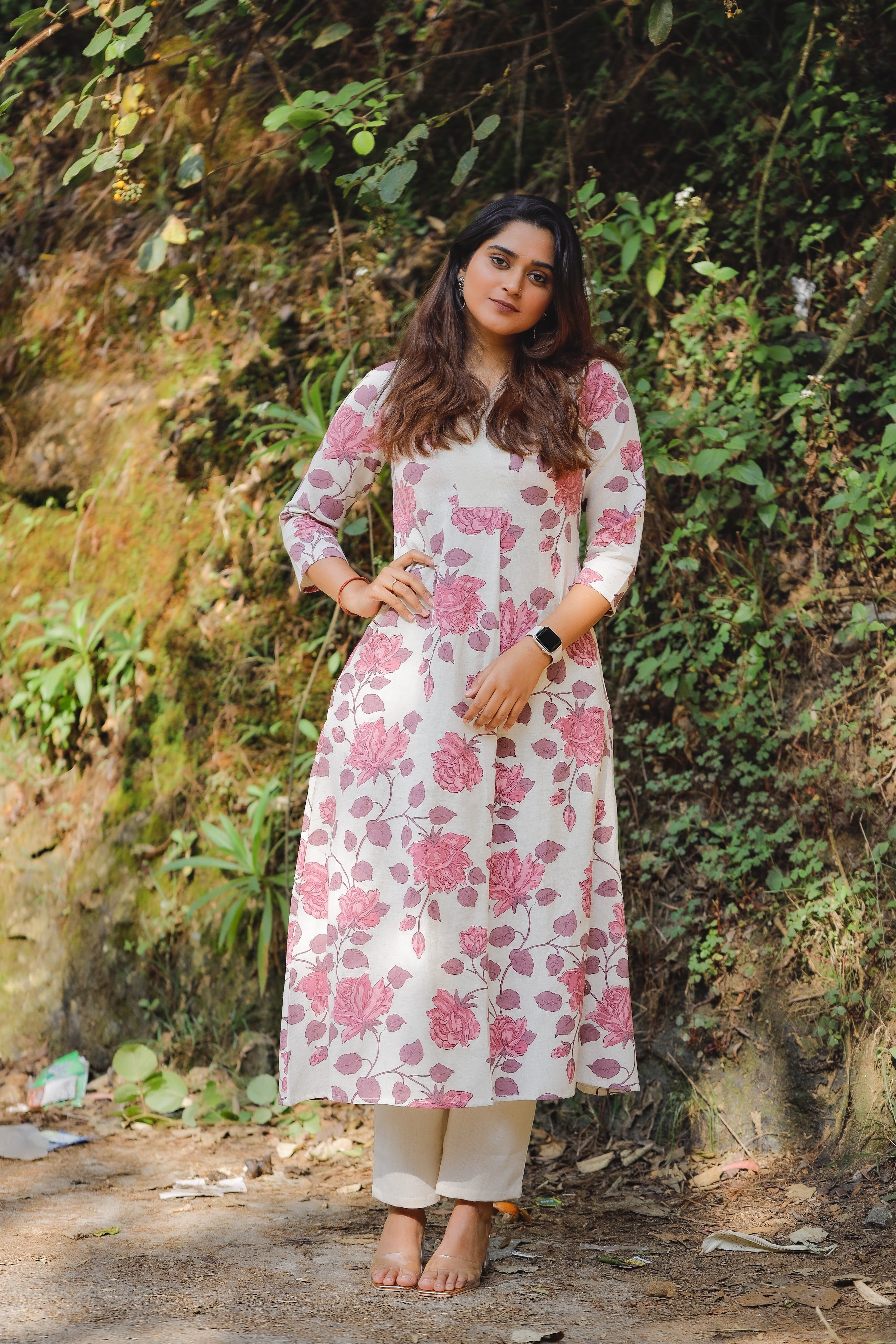 Chestha - floral hand block printed Linen cotton A line kurta set in white and purple