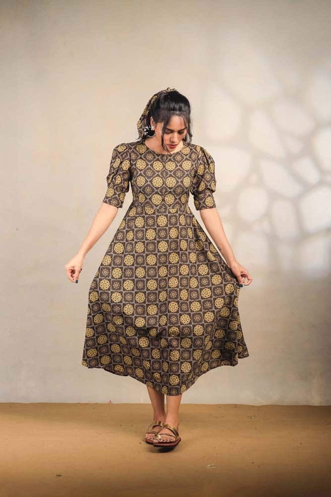 philipa - ajrakh hand block  ajrakh printed cotton gown in black ( feeding friendly)
