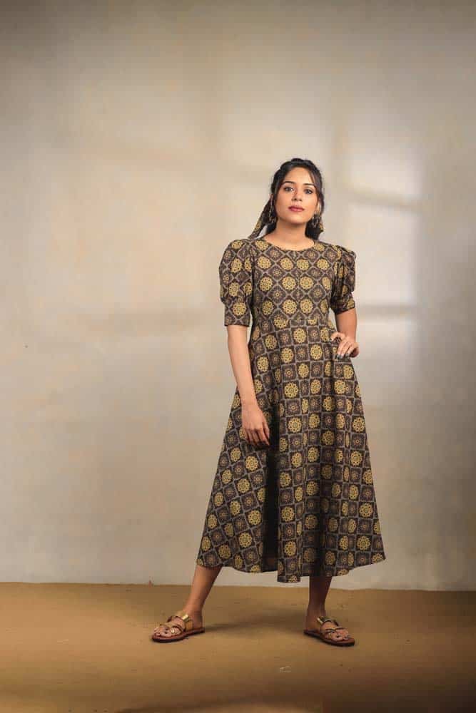 philipa - ajrakh hand block  ajrakh printed cotton gown in black ( feeding friendly)