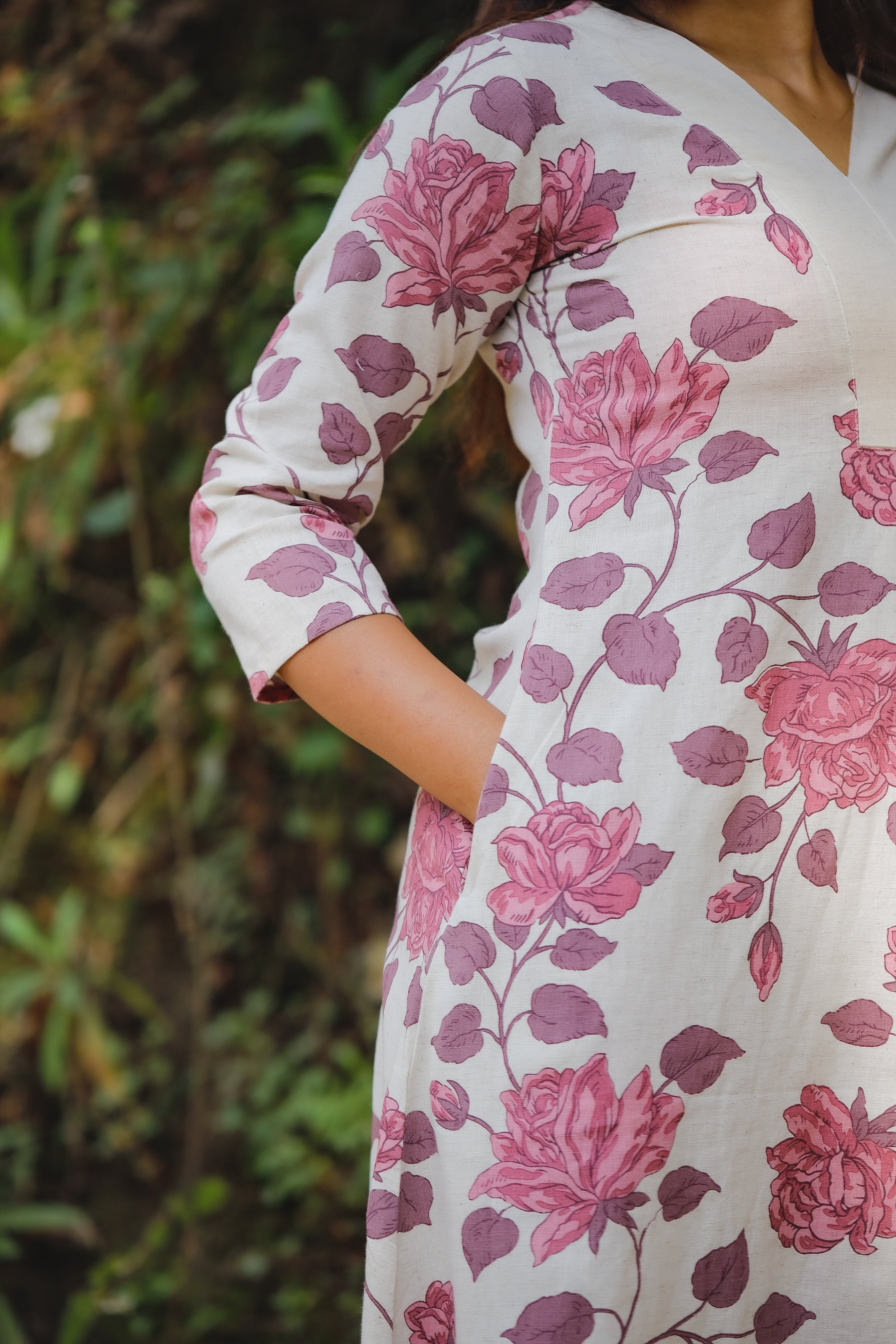 Chestha - floral hand block printed Linen cotton A line kurta set in white and purple