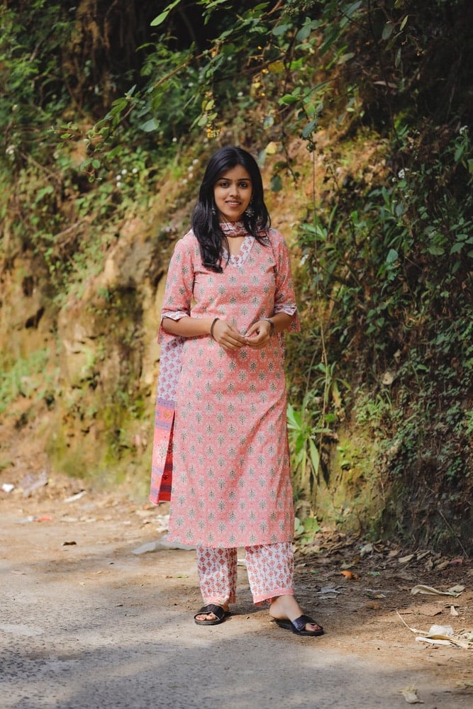 Ditya - hand block motifs printed organic cotton suit set in baby pink