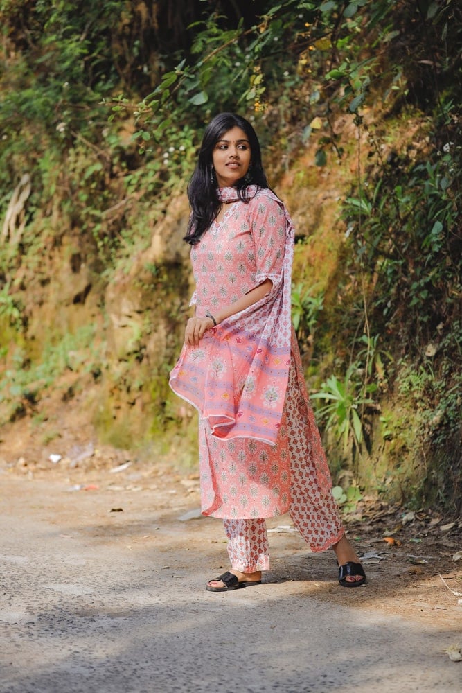 Ditya - hand block motifs printed organic cotton suit set in baby pink