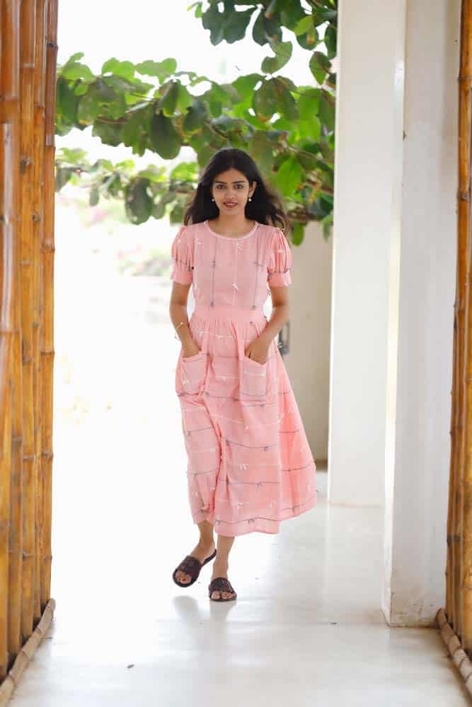 Senorita- handloom cotton with handwoven dori detaling in pink ( feeding friendly)
