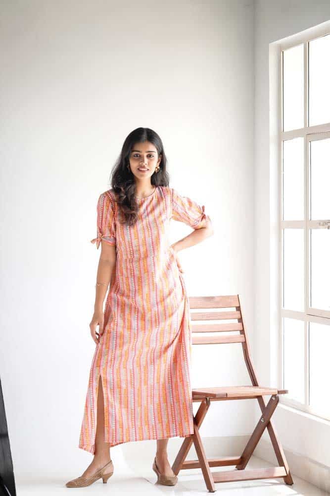 Esther - handloom cotton in multicolour striped pink dress