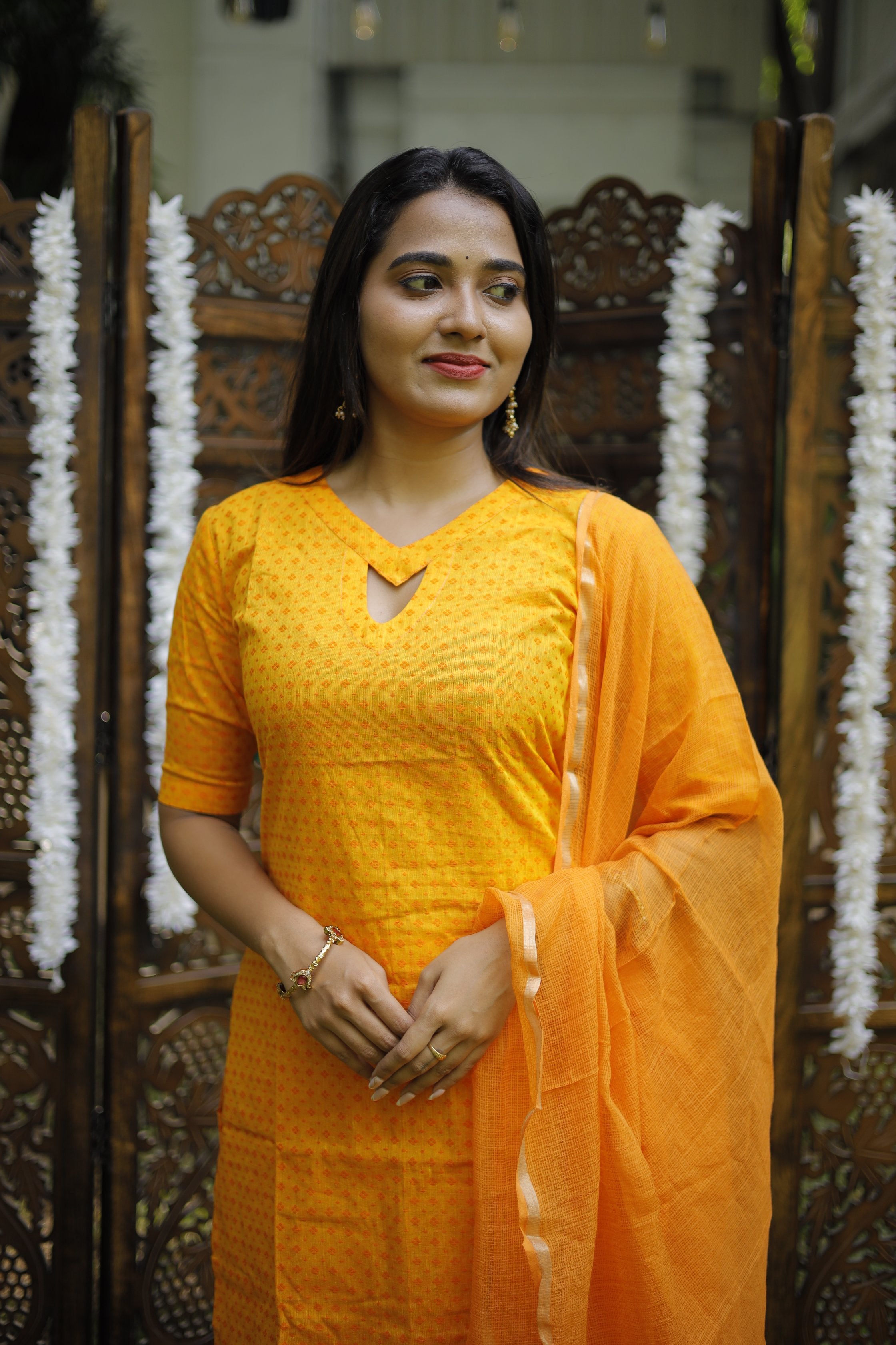 Magizhini ( golden yellow ) - handloom cotton suit set in golden yellow and orange