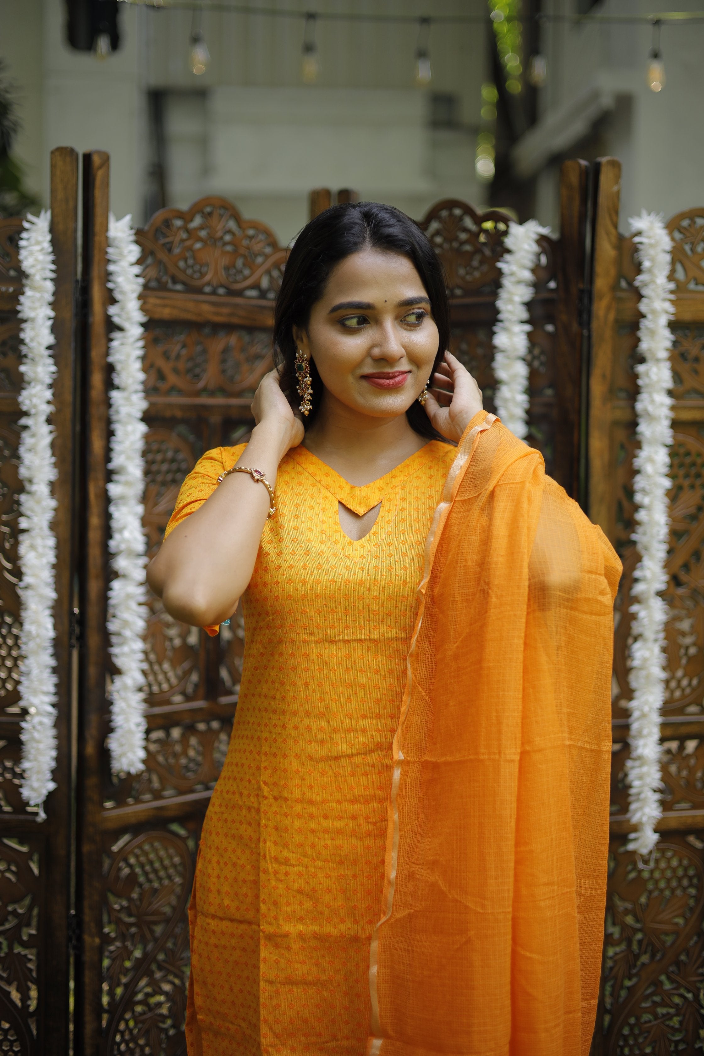Magizhini ( golden yellow ) - handloom cotton suit set in golden yellow and orange
