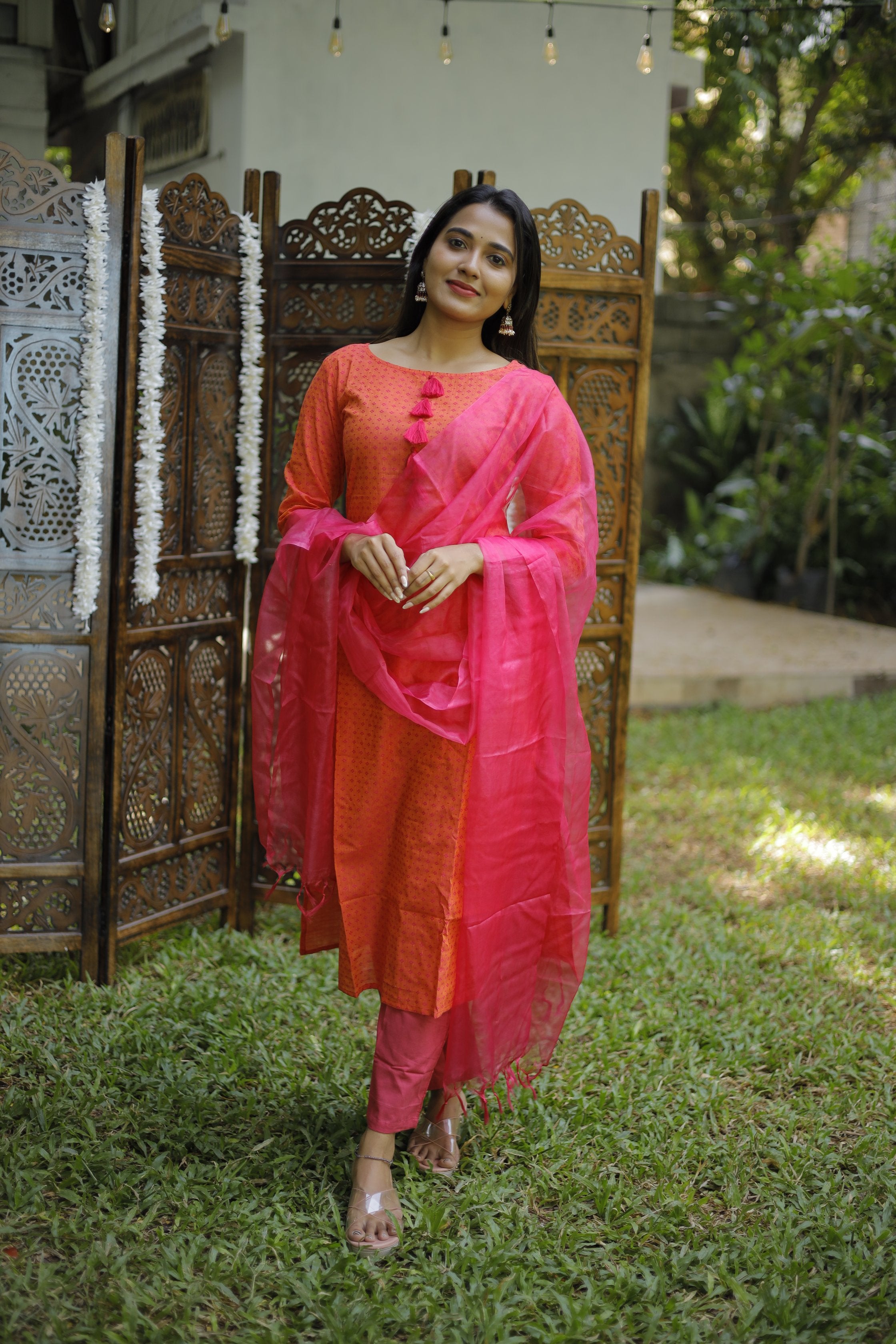 Magizhini ( orange ) - handloom cotton suit set in orange and pink