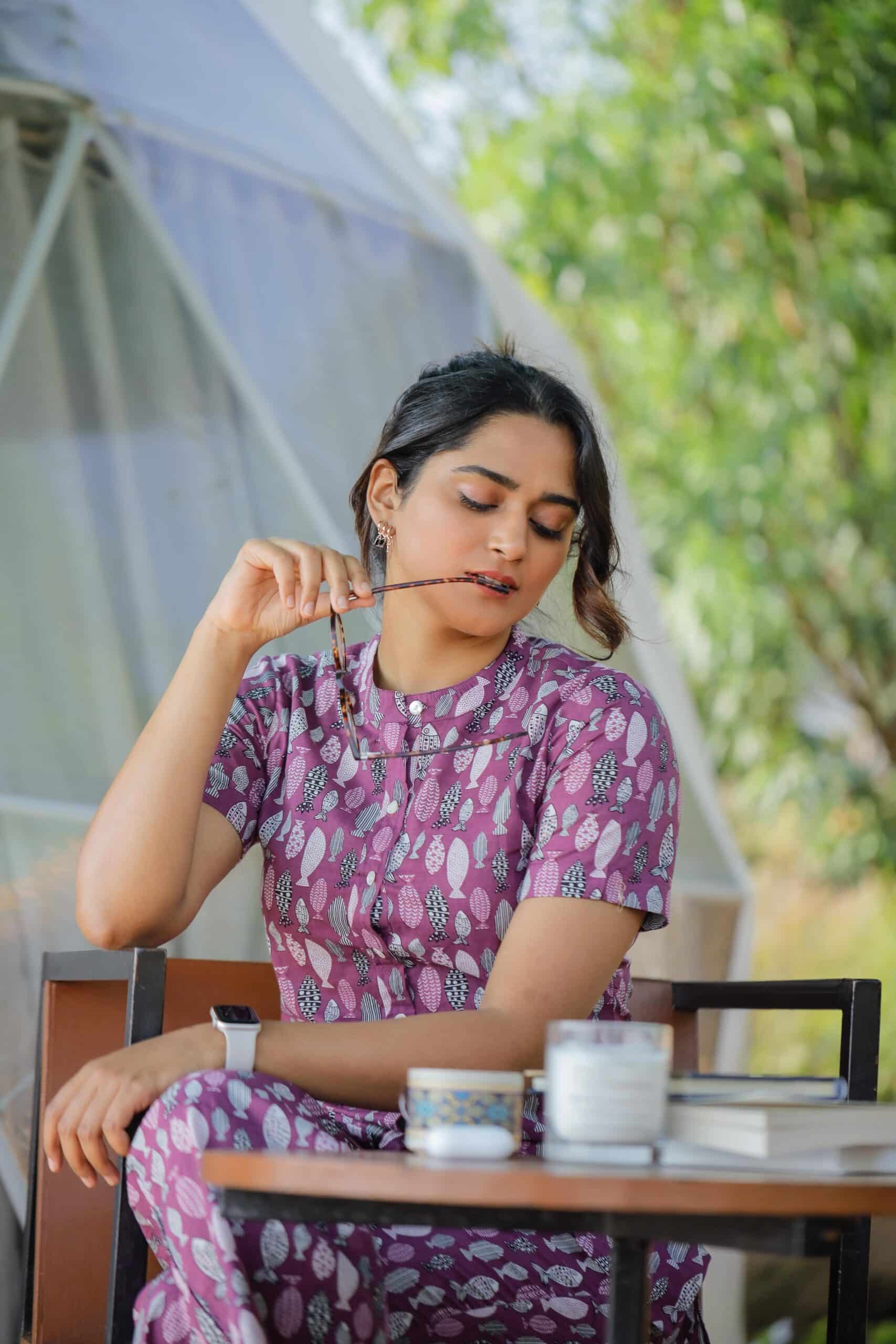 Fish printed cotton night suit in purple