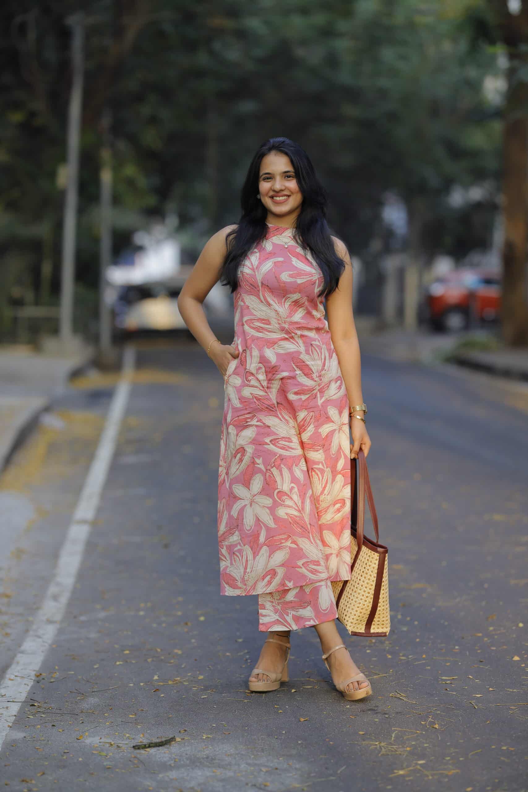 Taara - Pink - Halter neck A line floral organic cotton kurta set