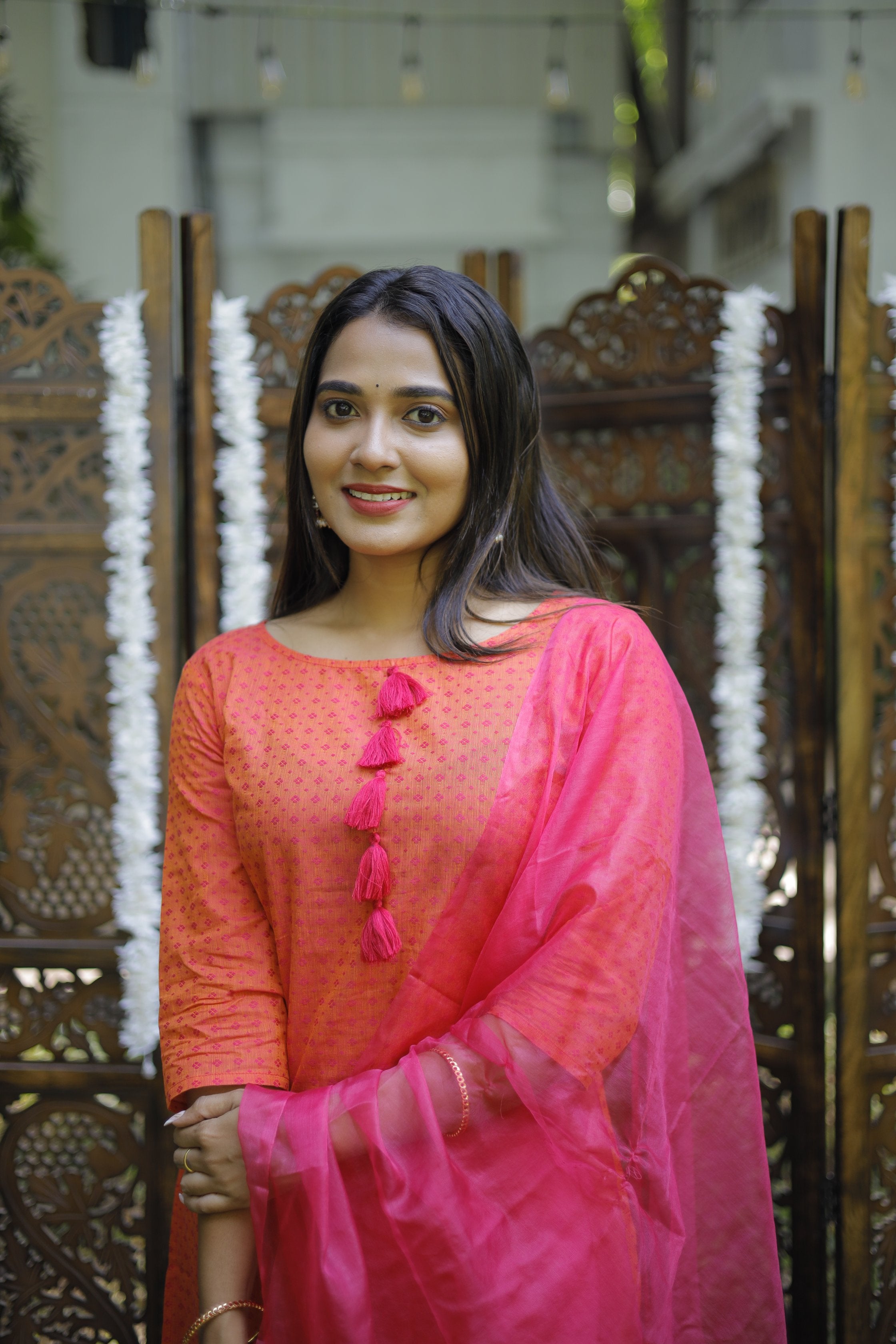 Magizhini ( orange ) - handloom cotton suit set in orange and pink