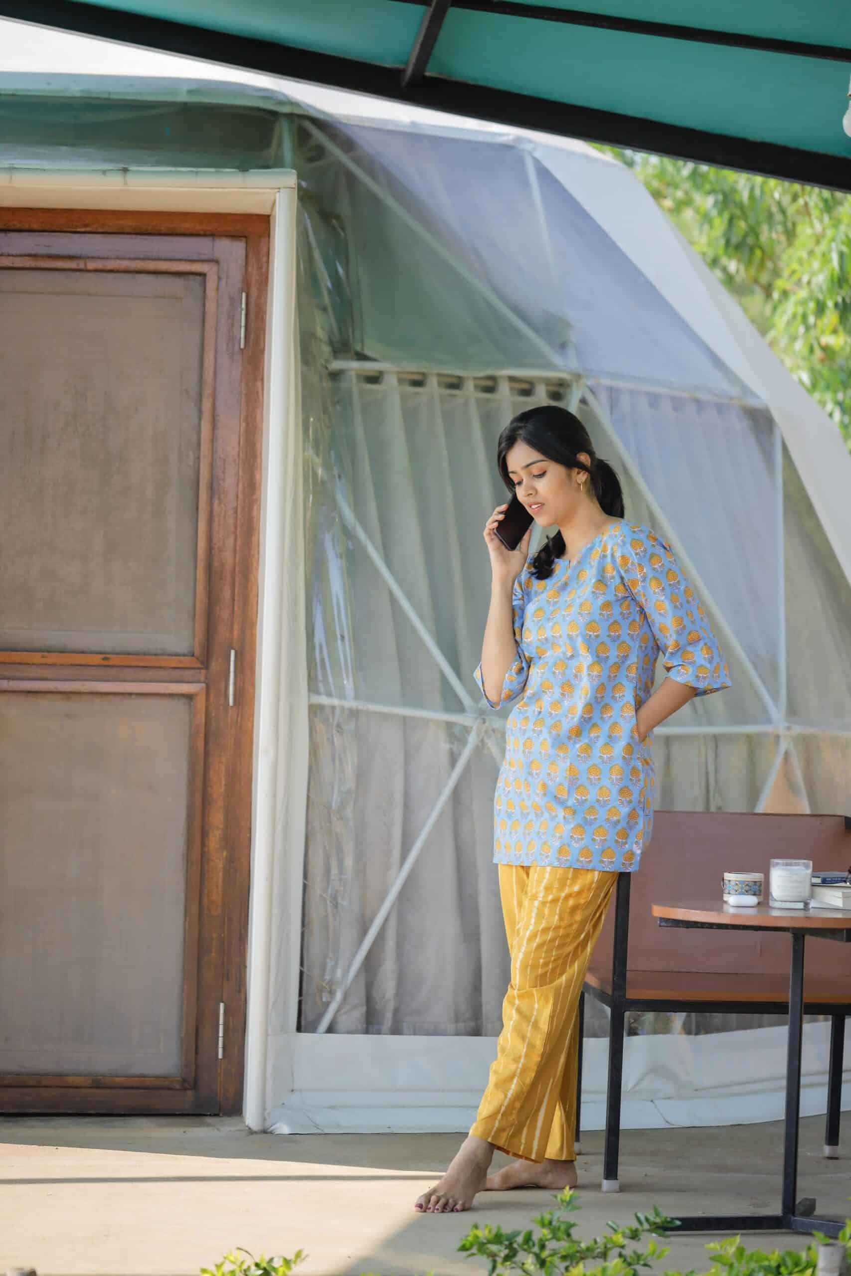 Floral hand block printed night suit in blue & yellow