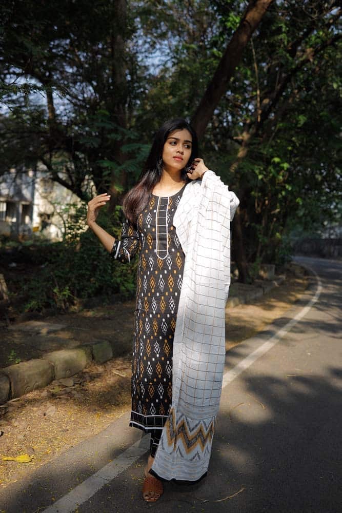 Black Hand 鈥� loom Cotton Ikkat Suit Set- Handloom Ikkat top with Handloom striped cotton pants with matching dupatta