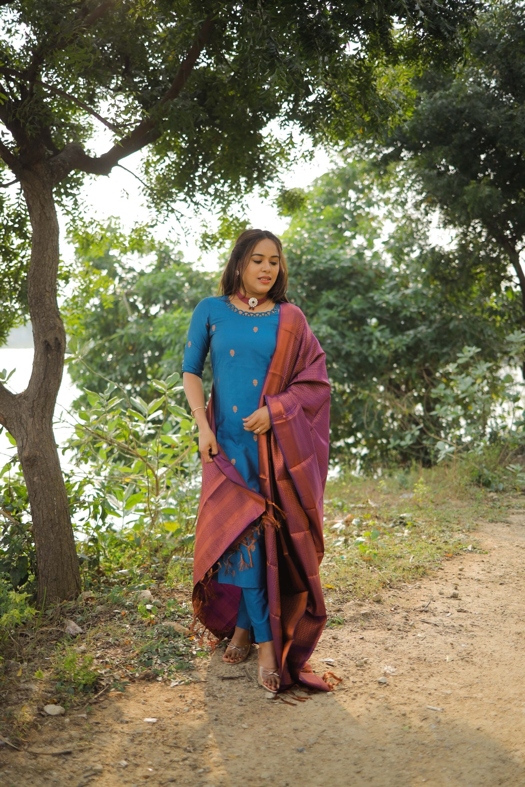 Amrytha - semi kanchi 3 pc vegan silk suit set Rama blue