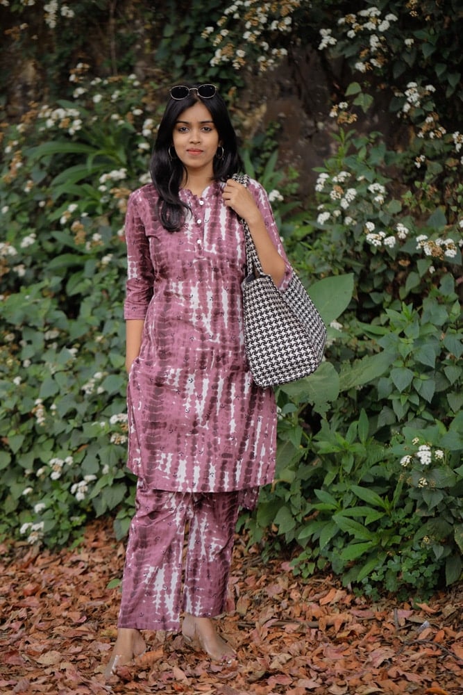 Abha coord set - shibori organic cotton printed coord set in purple