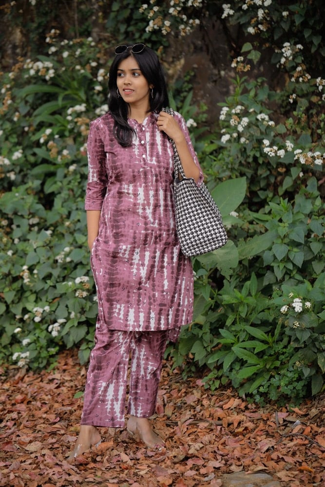Abha coord set - shibori organic cotton printed coord set in purple