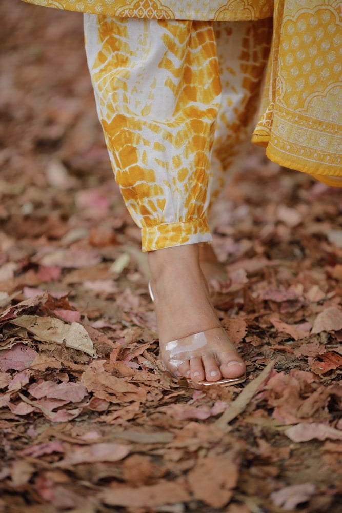 Tulya - hand block organic angrakha printed cotton kurta set in yellow