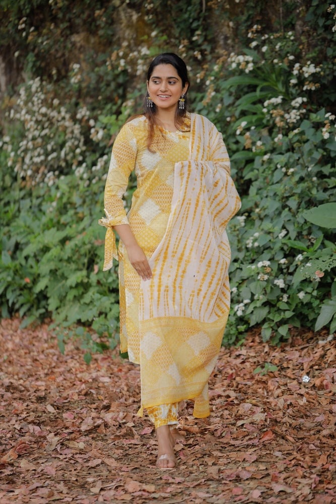 Tulya - hand block organic angrakha printed cotton kurta set in yellow