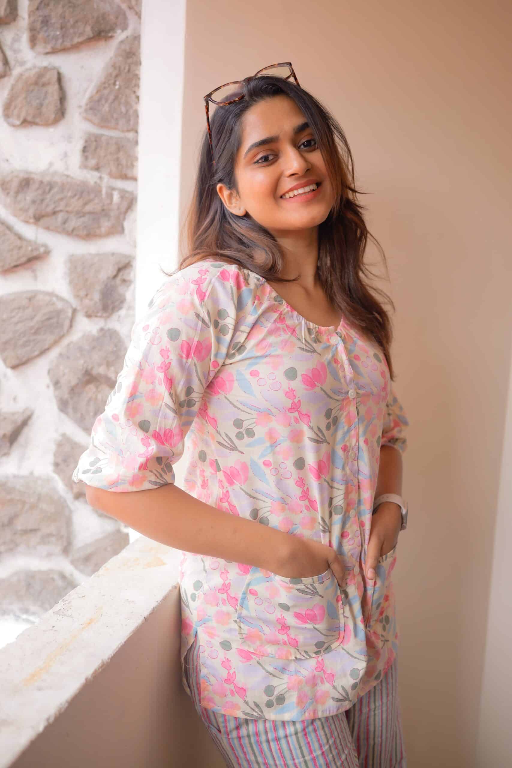 Floral hand block printed night suit in pastel shade