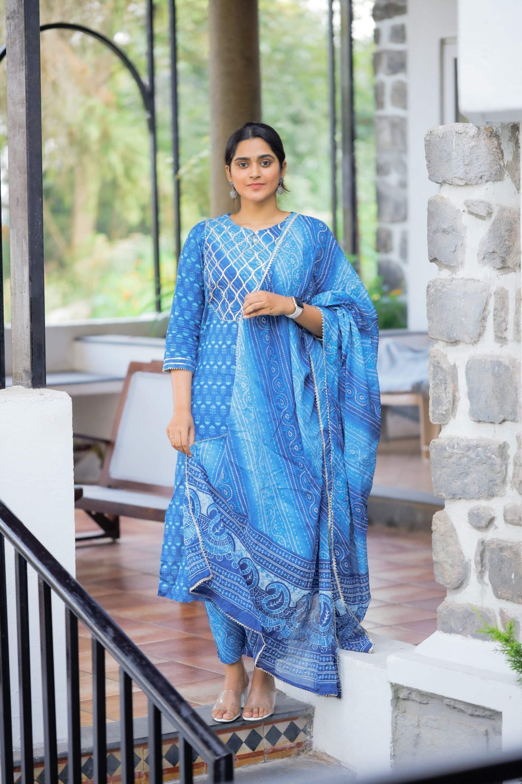 Khushi - bandhani printed organic cotton suit set in pepsi blue with matching dupatta