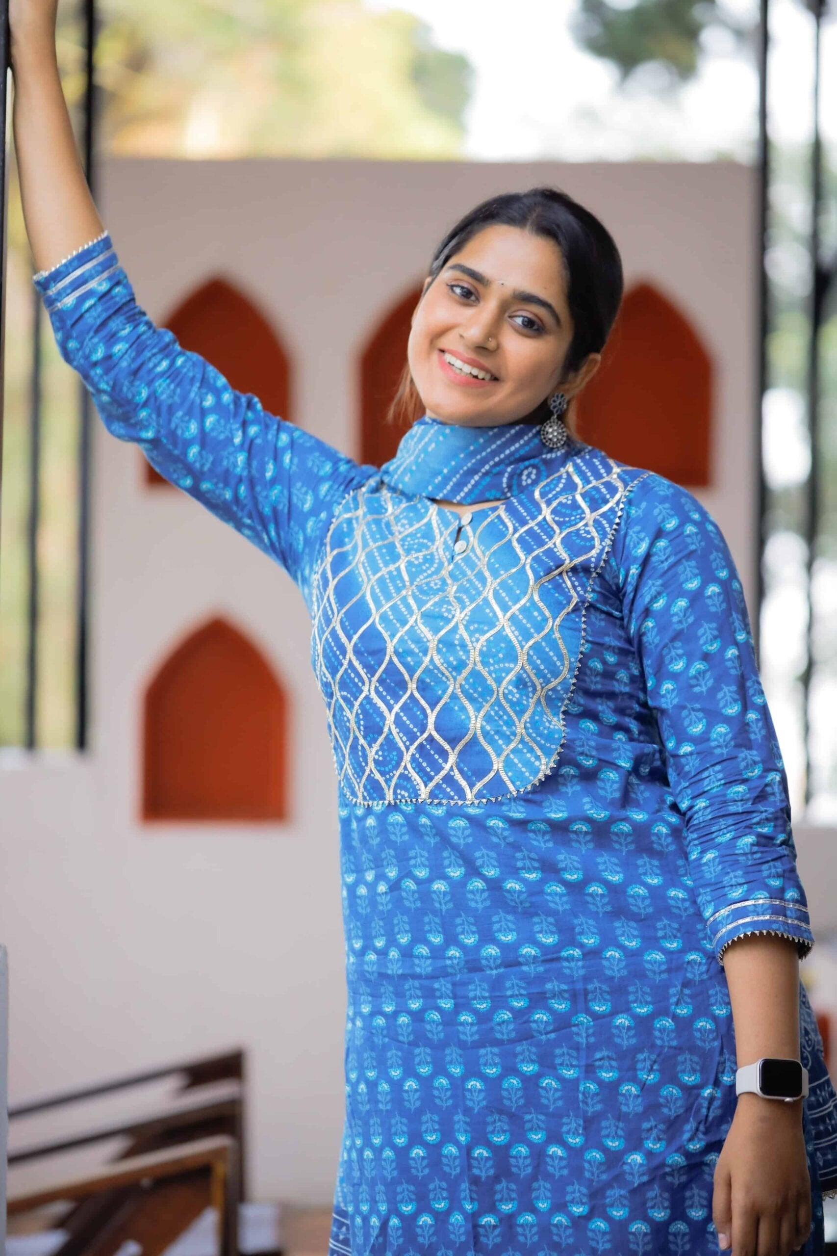 Khushi - bandhani printed organic cotton suit set in pepsi blue with matching dupatta