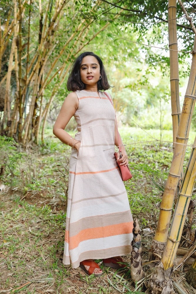 Irene - Handloom linen  A line cotton dress in shades of beige and orange.